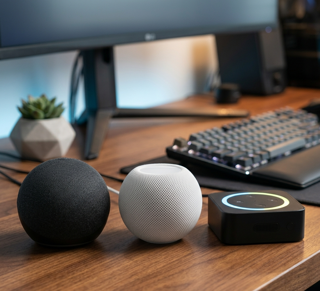 Voice assistants controlling a computer in a home office.